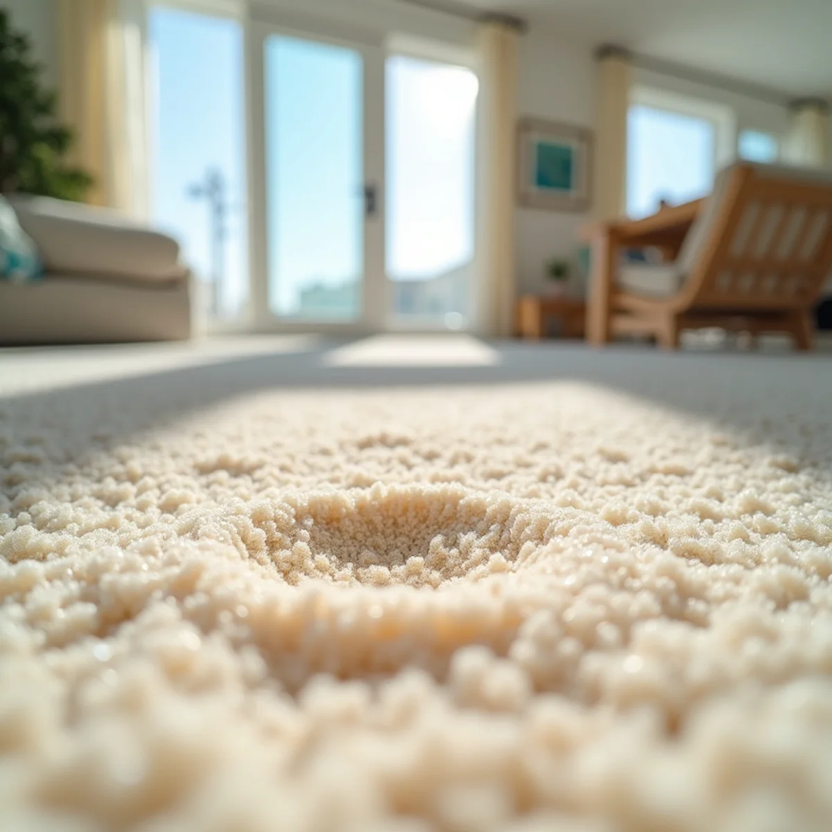 Fine coastal beach sand embedded deep in a light carpet in an Oceanside, CA home