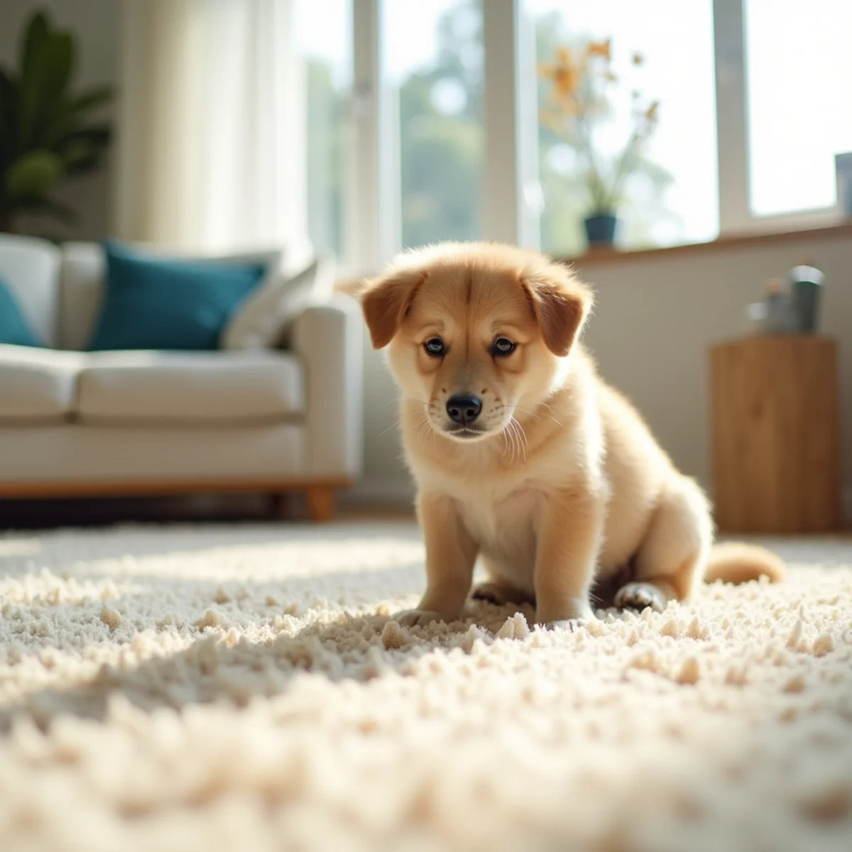 A child and a small dog on a freshly cleaned, non-toxic carpet in an Oceanside, CA home
